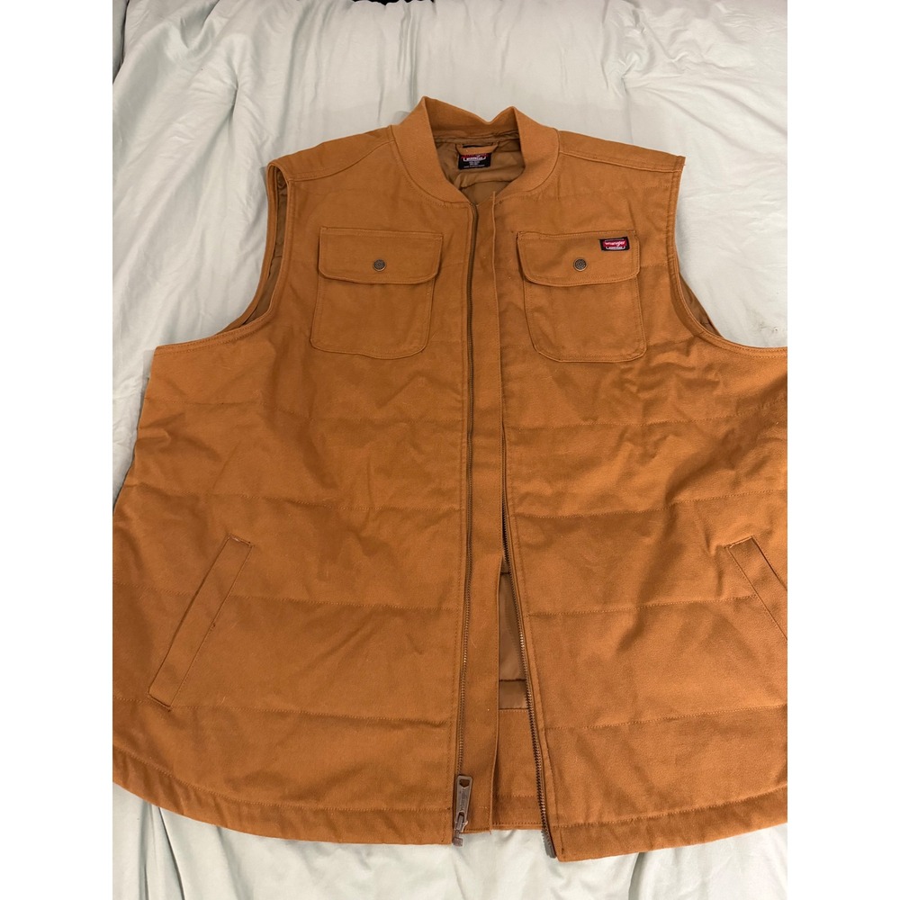Wrangler Workwear Canvas Quilted Vest Mens 3XL Brown Insulated Full Zip Puffer